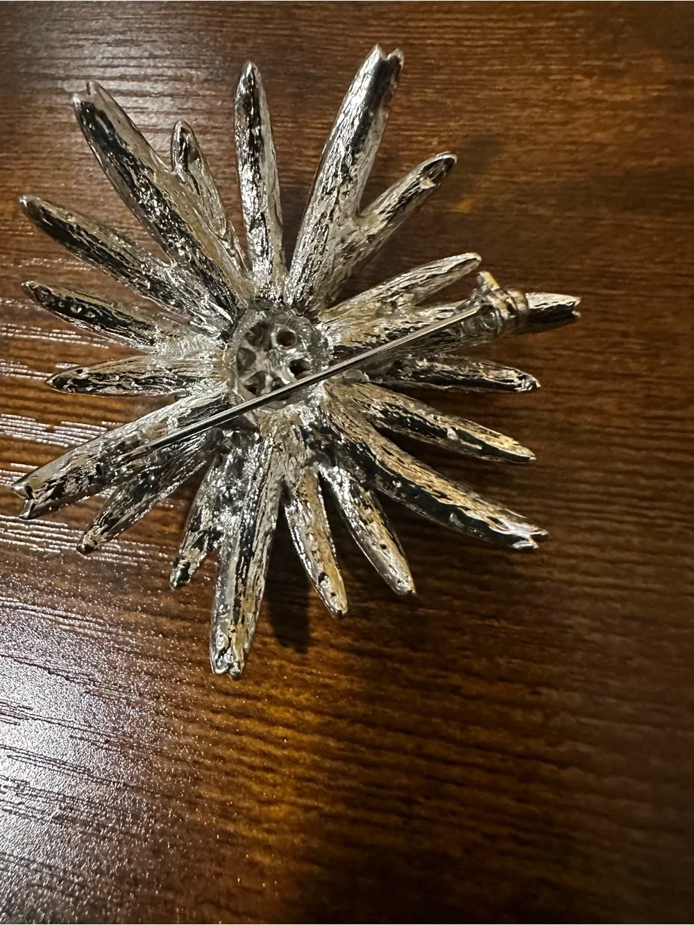 Silver Flower Brooch with Black and Clear Rhinestones